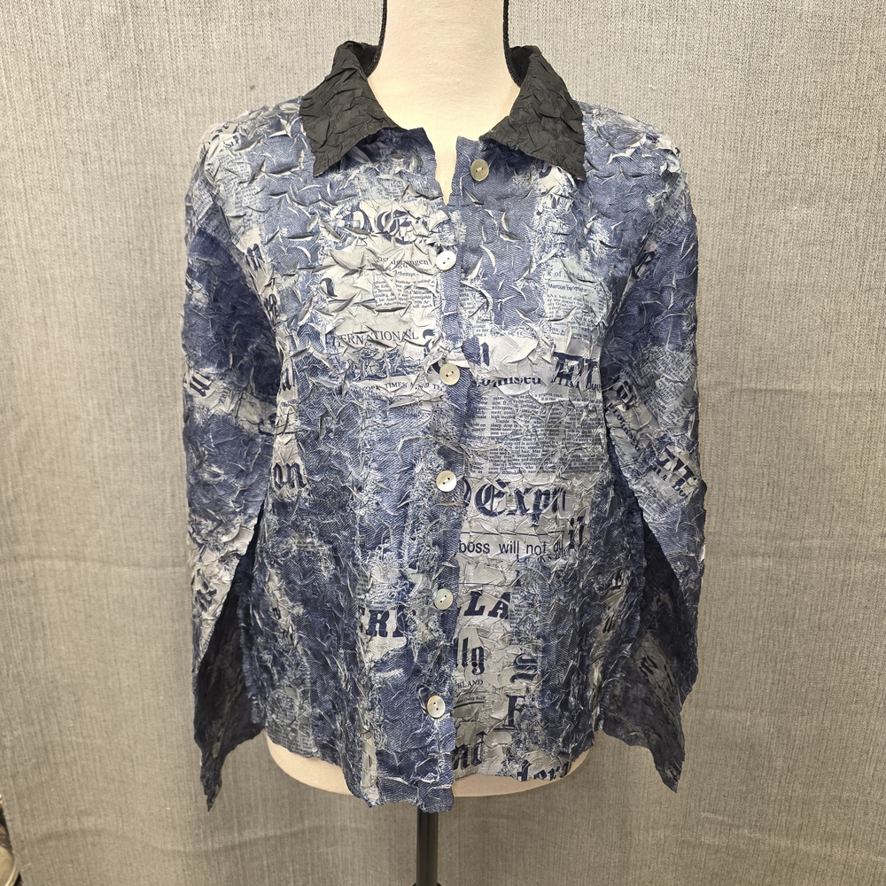 Like New Pleats Collection Crinkle Newspaper Print Reversible Jacket